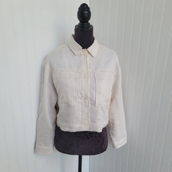 ZARA WomensCROPPED SAND BOMBER POCKETS 100% LINEN Cropped Button Casual Lined XS - Picture 1 of 15